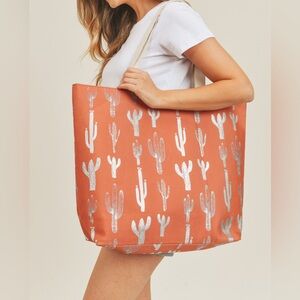 Silver Foil Cactus Tote - Burnt Orange Large Cotton Blend Women’s Tote Bag